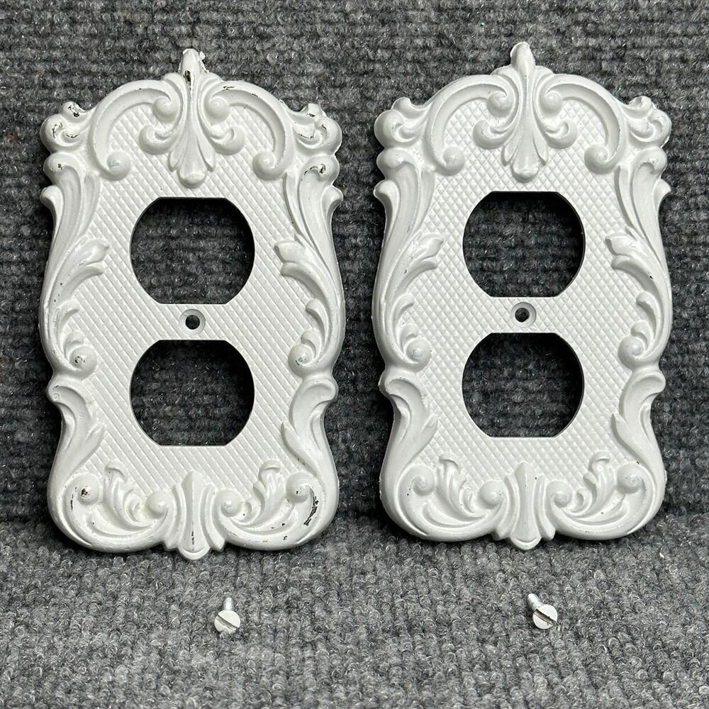 Vintage white shabby ornate painted metal outlet light switch covers Victorian